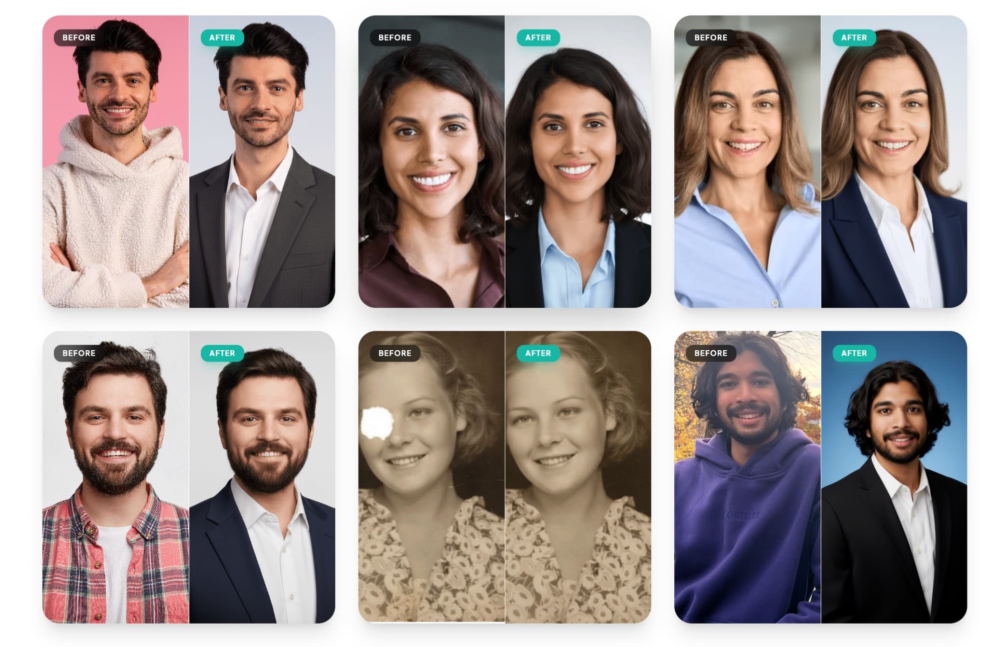 Before-and-after examples of AI-generated professional headshots